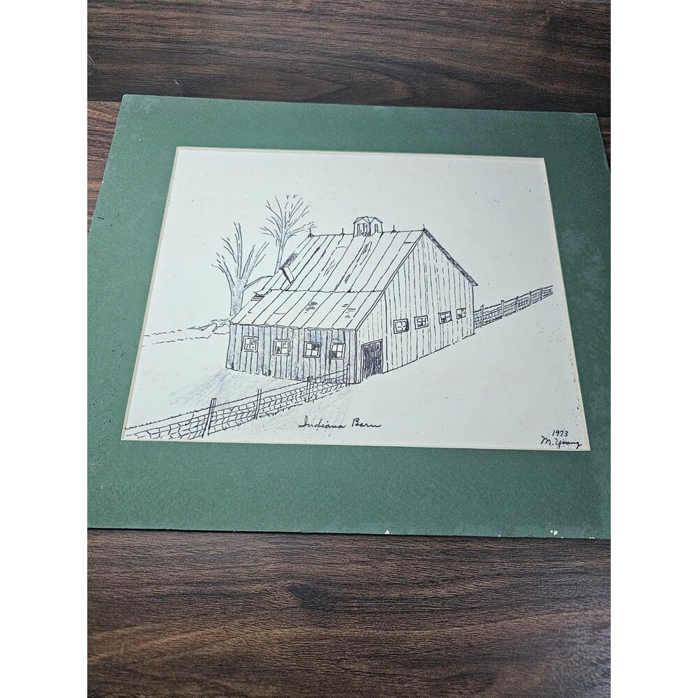 Vintage M Young 1973 American Barn Ink Drawing Matted Folk Art Sketch